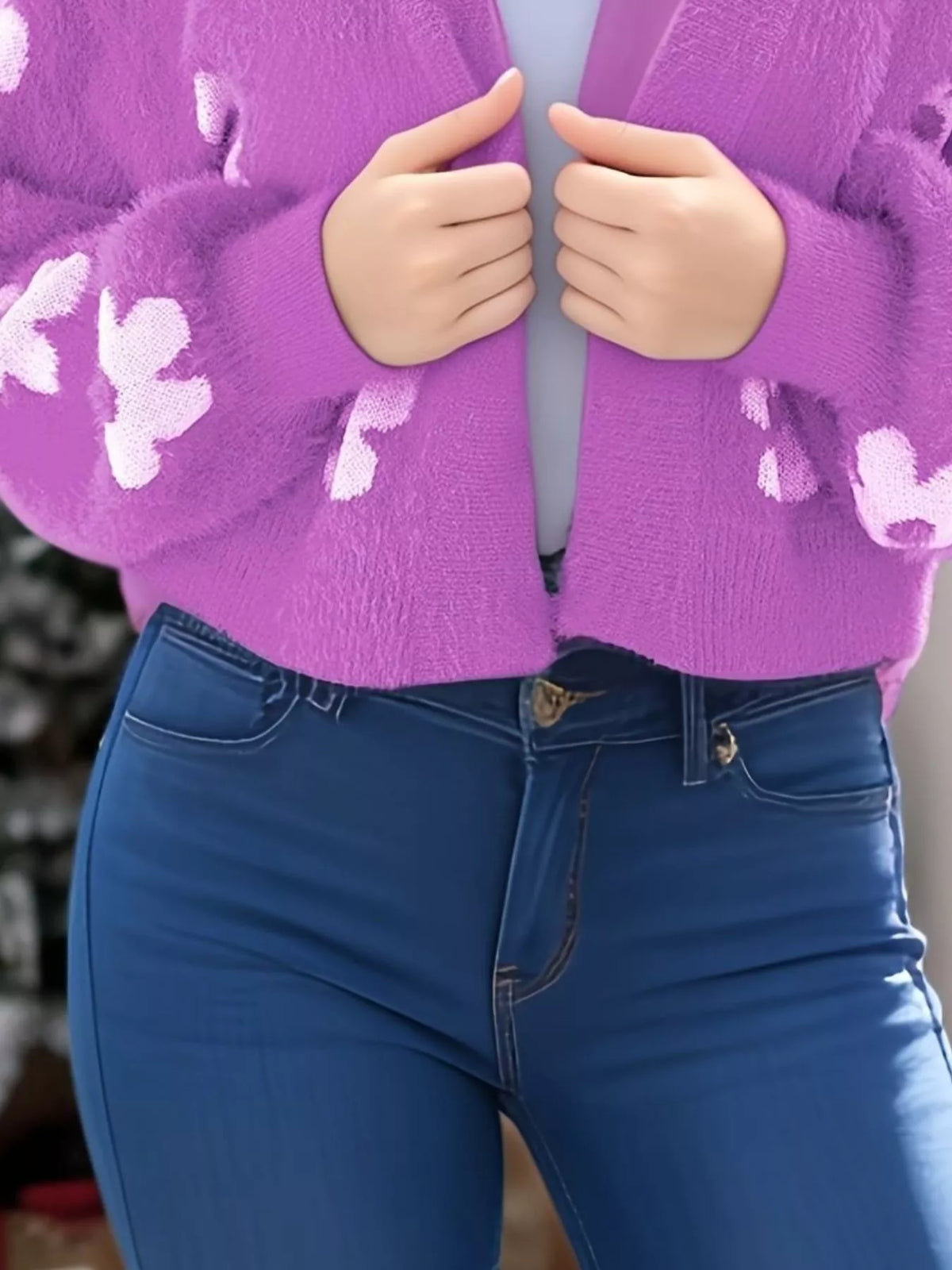 Floral open front knit cardigan styled look