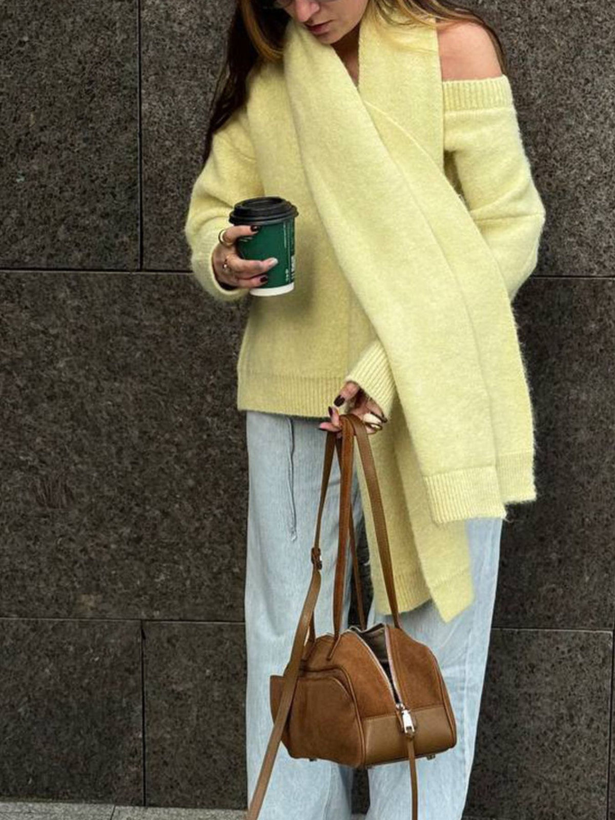 Oversized V Neck Dropped Shoulder Sweater with Scarf, view 13