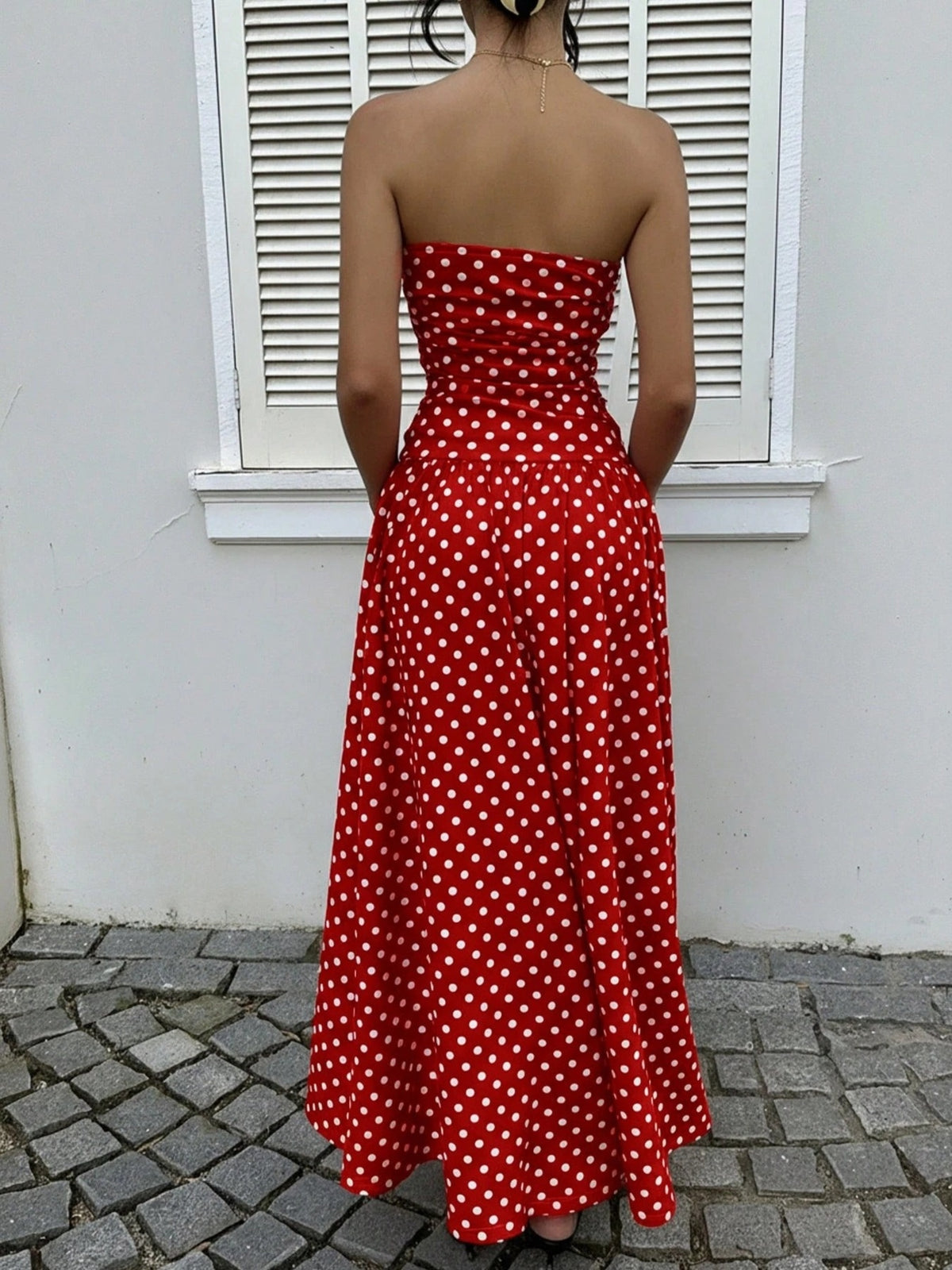 Polka dot strapless maxi dress back view