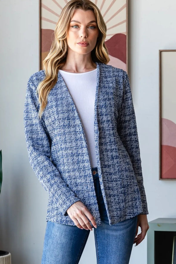 Heimish Full Size Houndstooth Tweed Open Front Blazer Royal - Fashorio