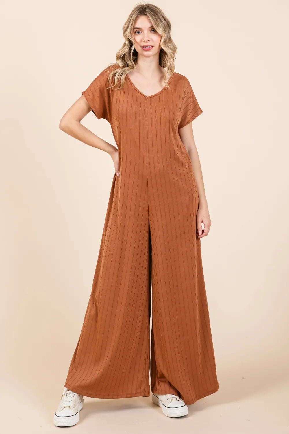 Ribbed Short Sleeve Wide Leg Jumpsuit detail