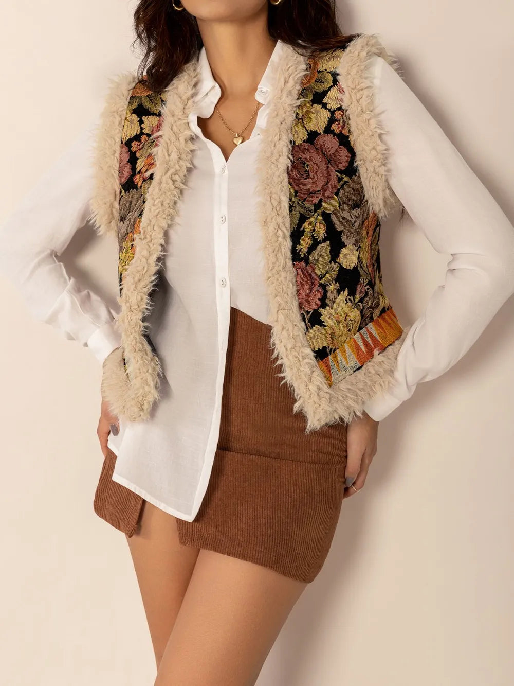 Embroidered Fuzzy Trim Open Front Vest Coat - Fashorio