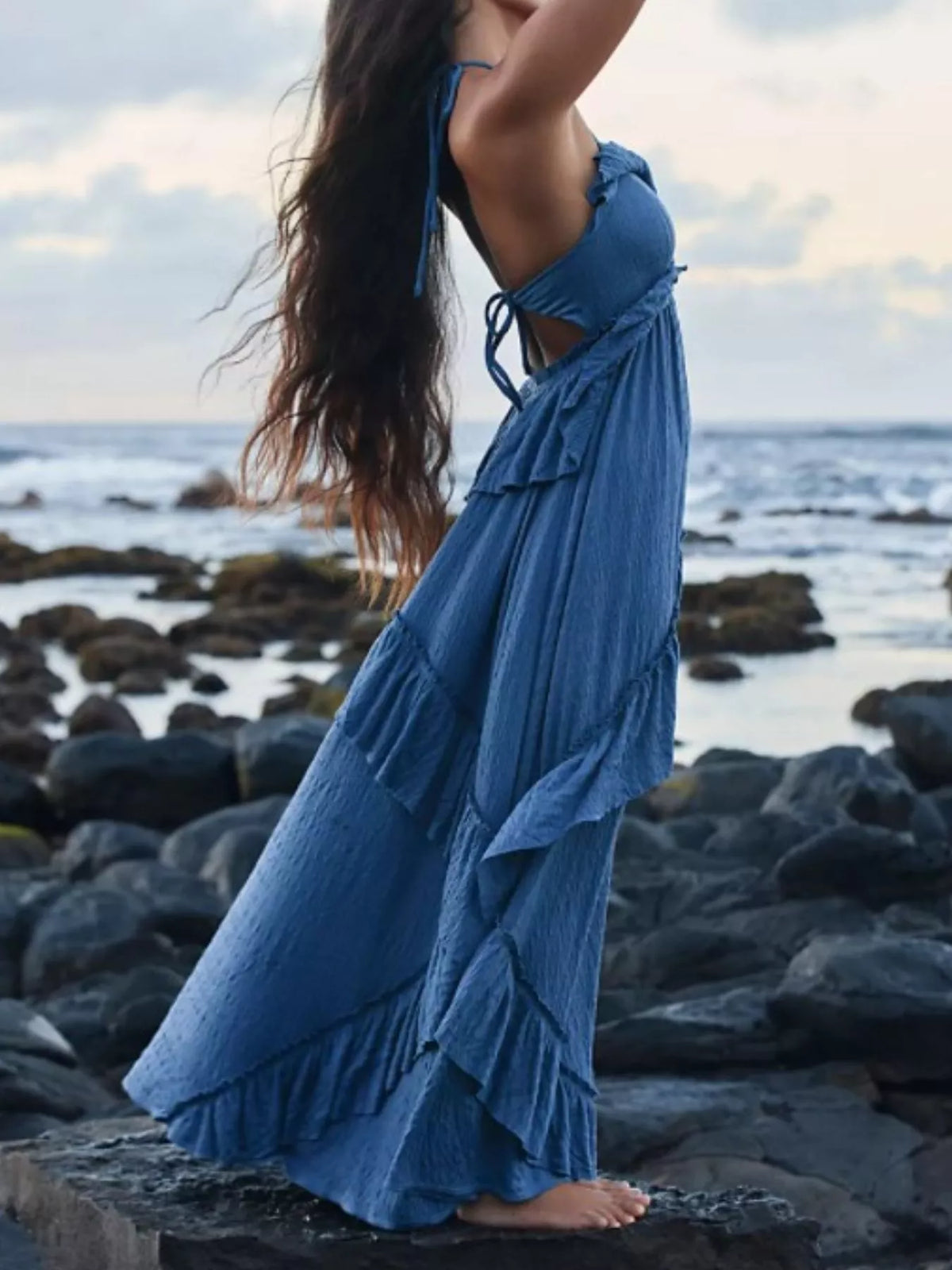 Ruffled tie halter neck maxi dress styled view