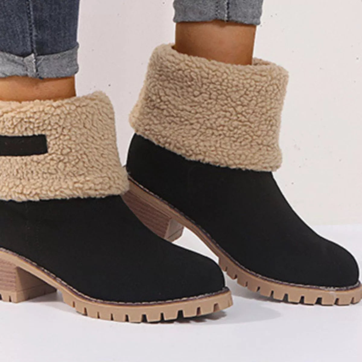 Suede round toe block heel boots sole and tread