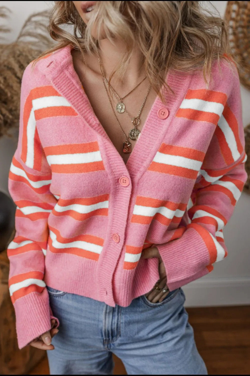 Striped Button Down Long Sleeve Cardigan - Fashorio