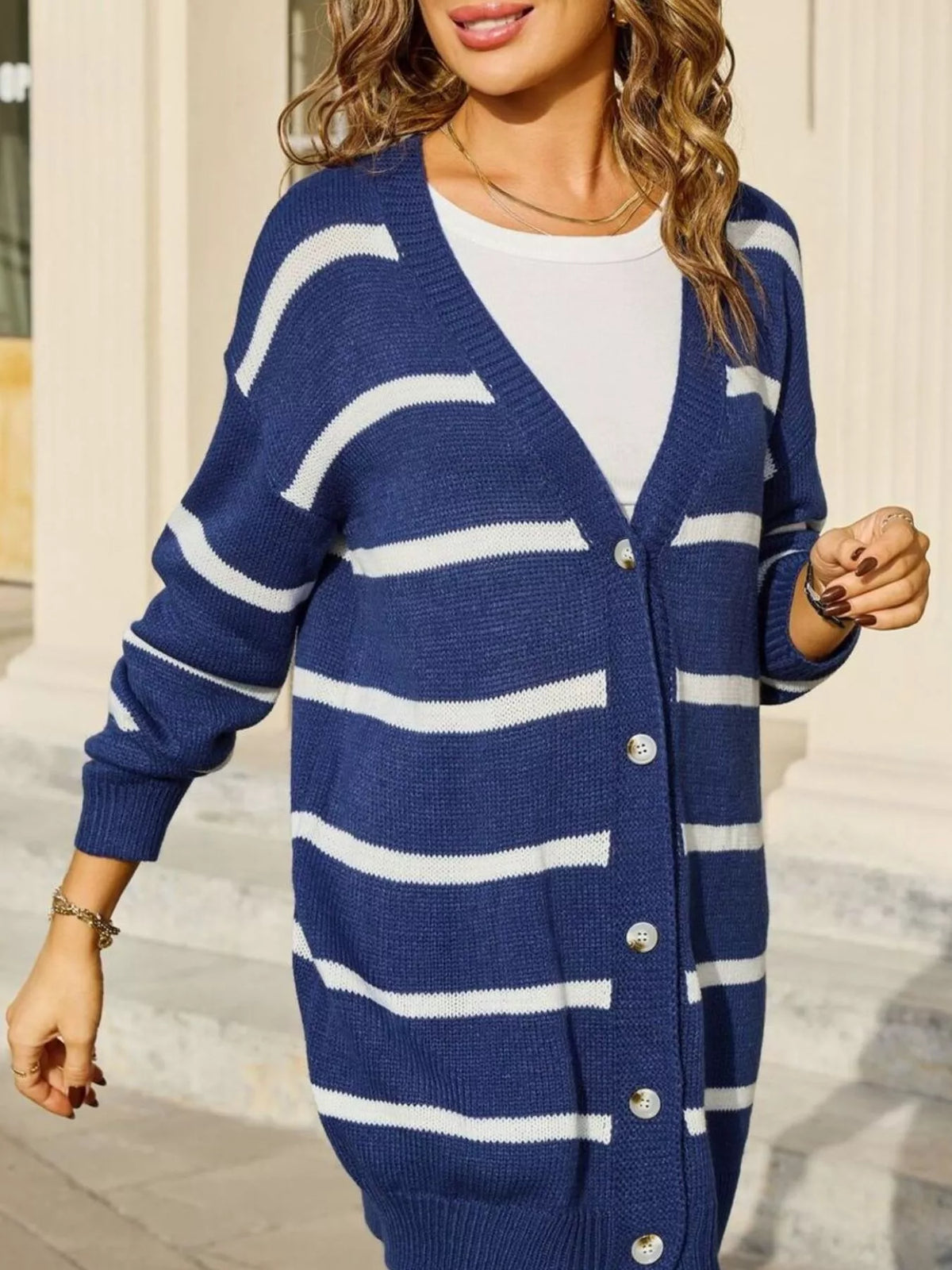 striped longline button down knit cardigan styled outfit