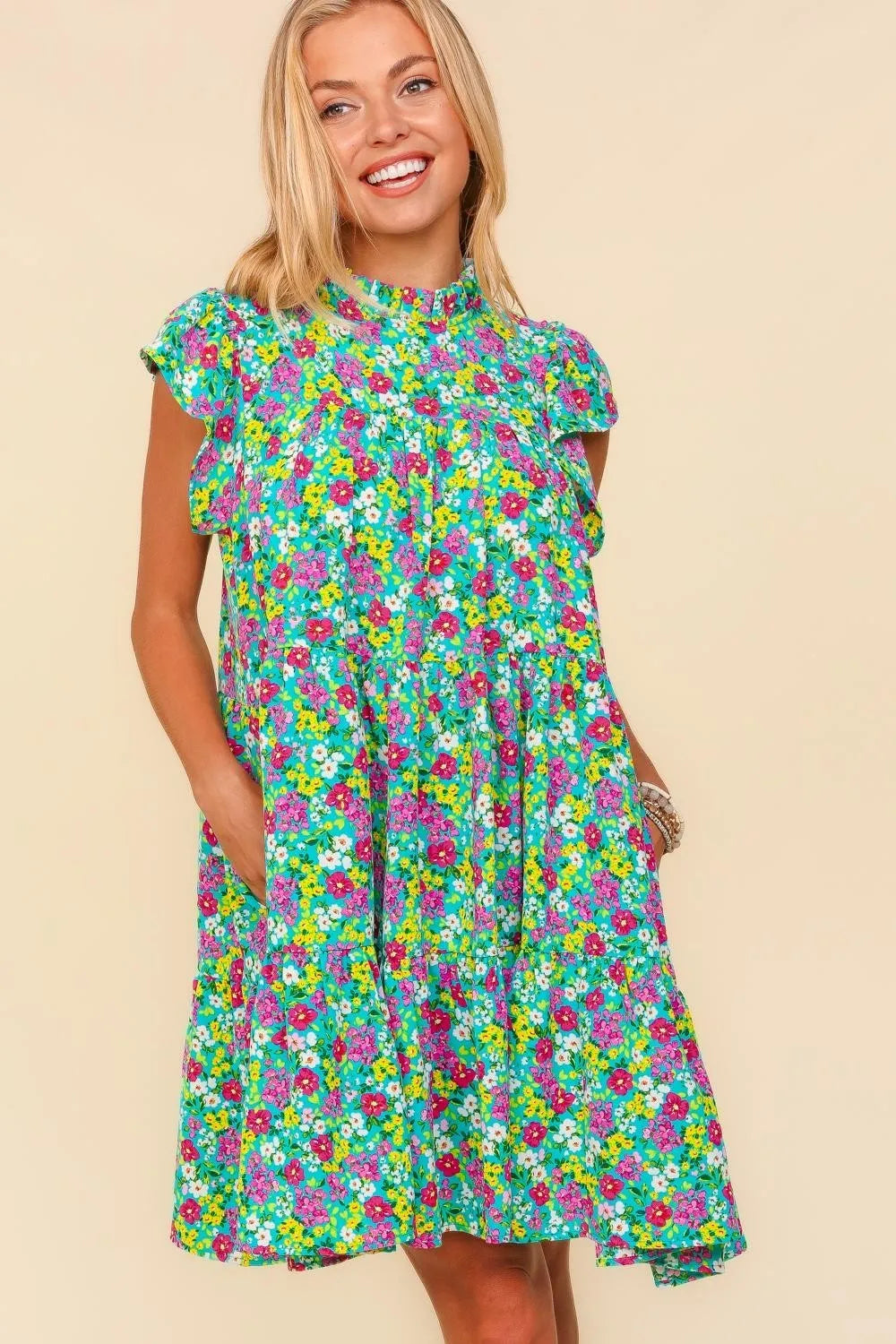 Frilled Mock Neck Ditsy Floral Dress detail