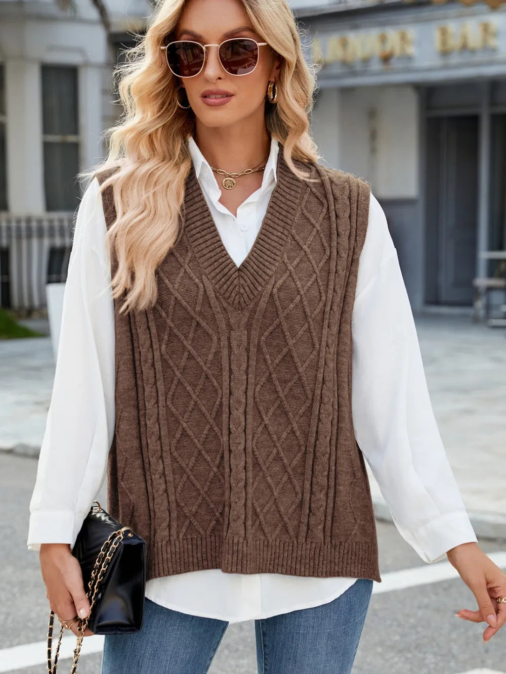 Cable Knit V Neck Sweater Vest in Gray on model