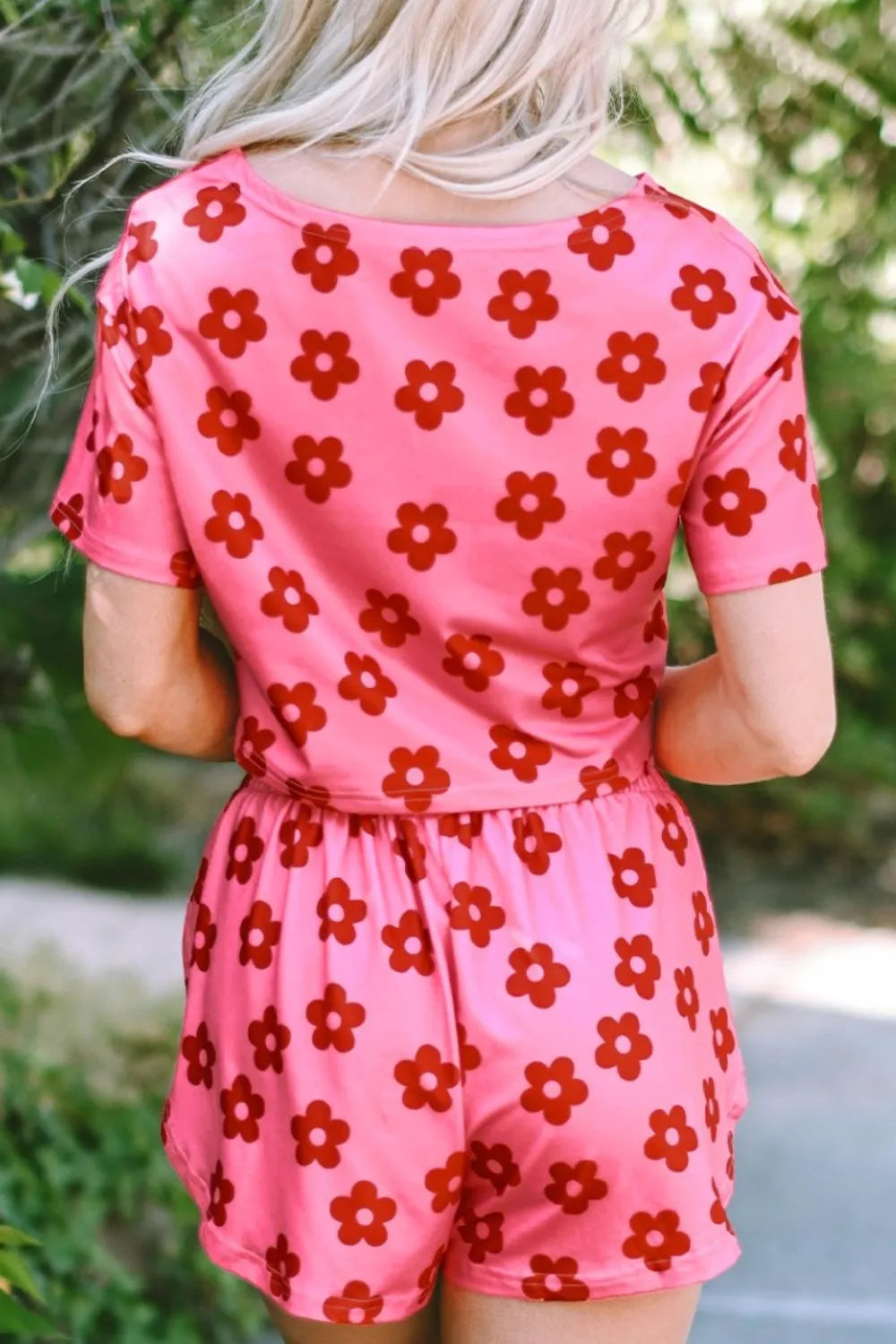 Floral print detail of coral lounge set