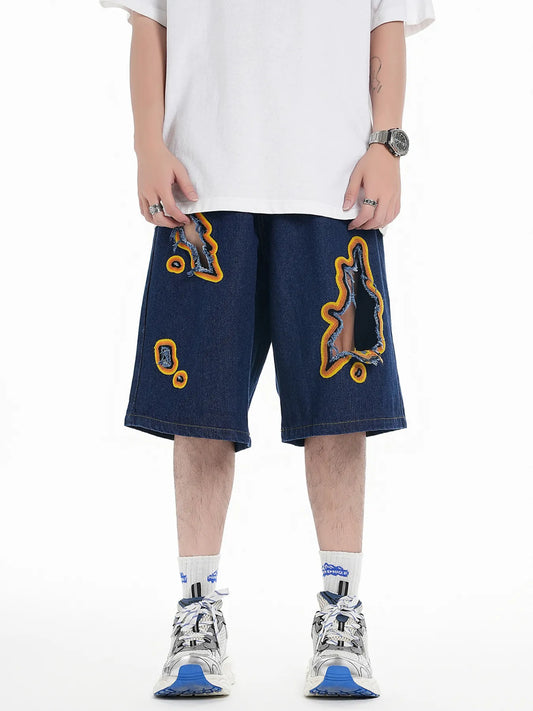 Men's Distressed Loose Fit Denim Shorts Blue - Fashorio
