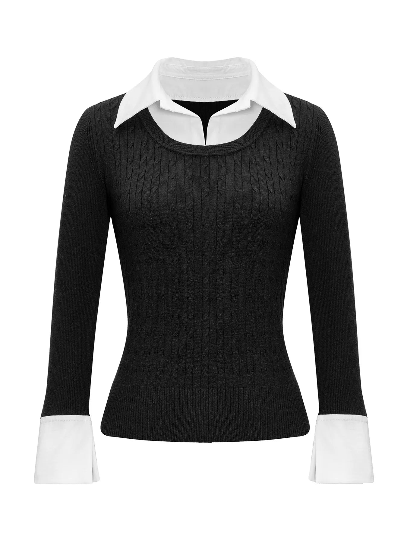 Collared Neck Cable Knit Sweater with Layering Style - Fashorio