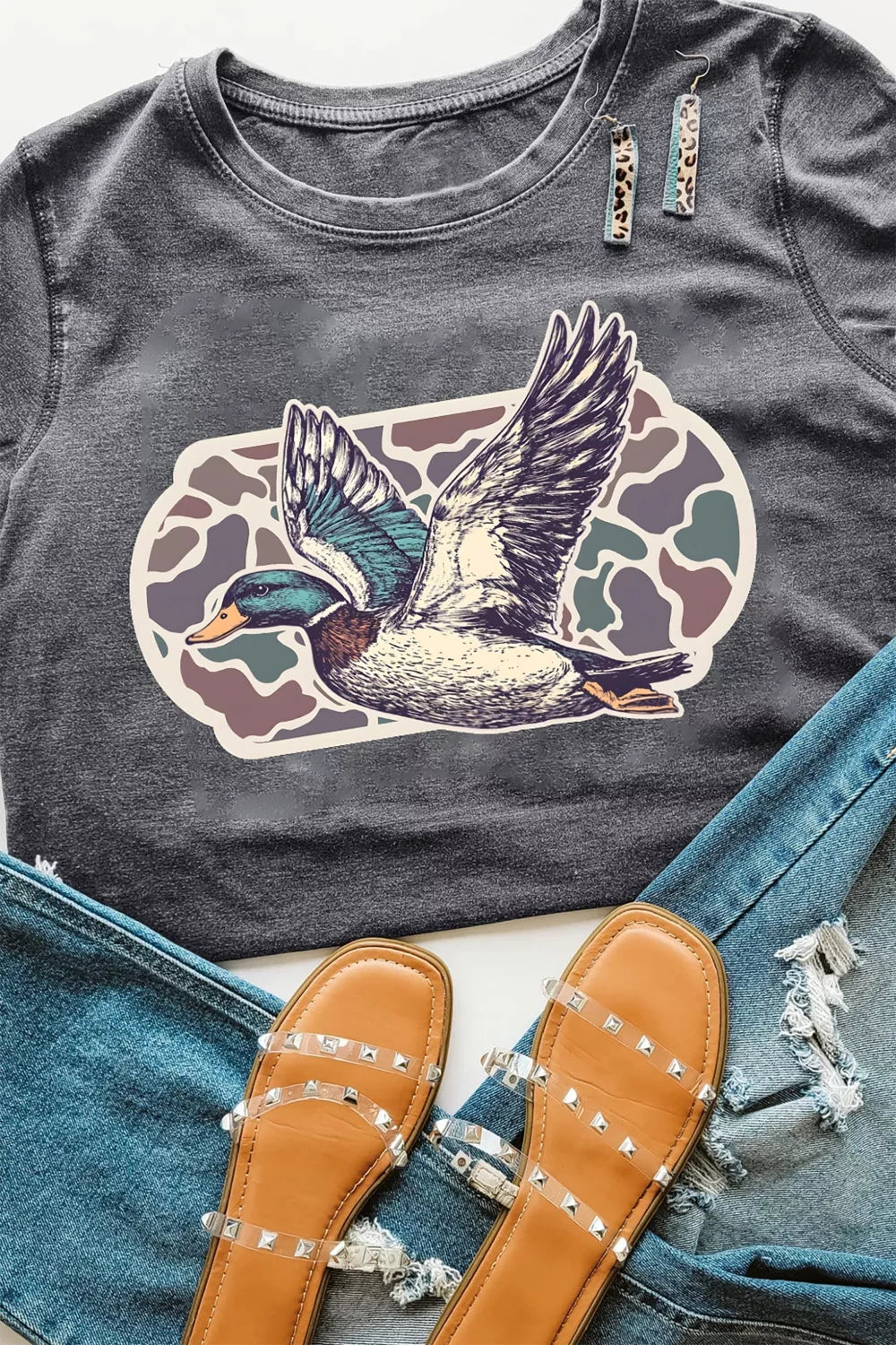 Dark gray graphic round neck short sleeve tee front view