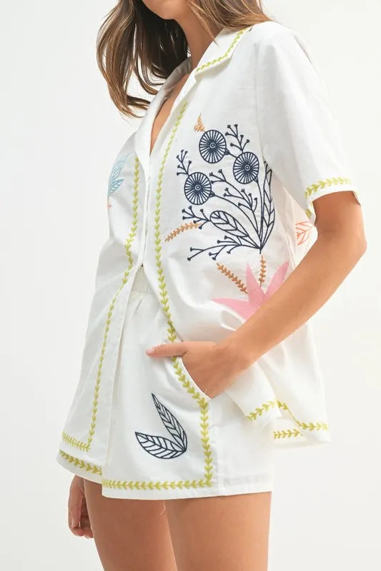 MABLE Embroidered Button Down Shirt and Shorts Set - Fashorio
