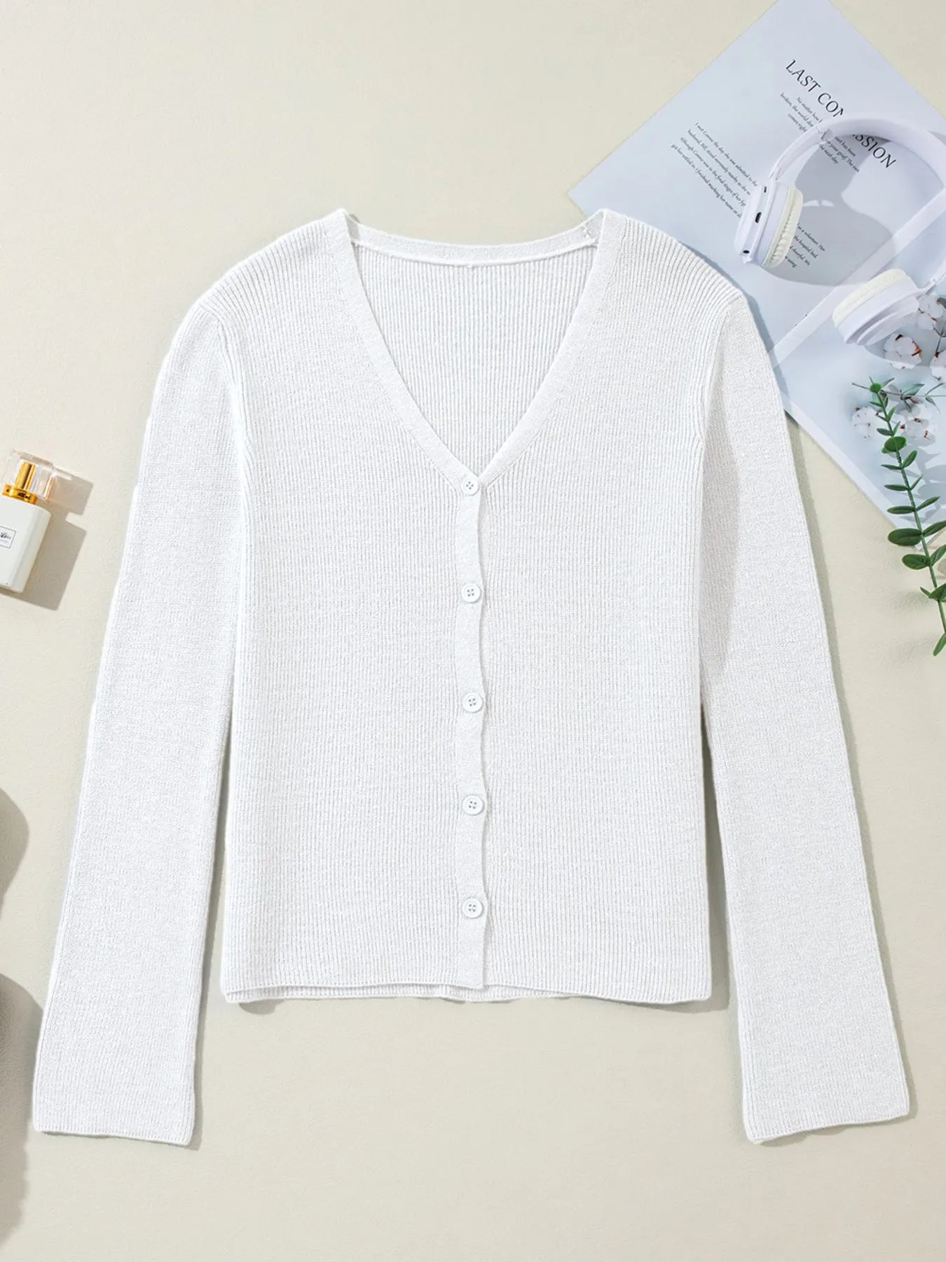 Ribbed Knit Button Front V Neck Cardigan - Fashorio