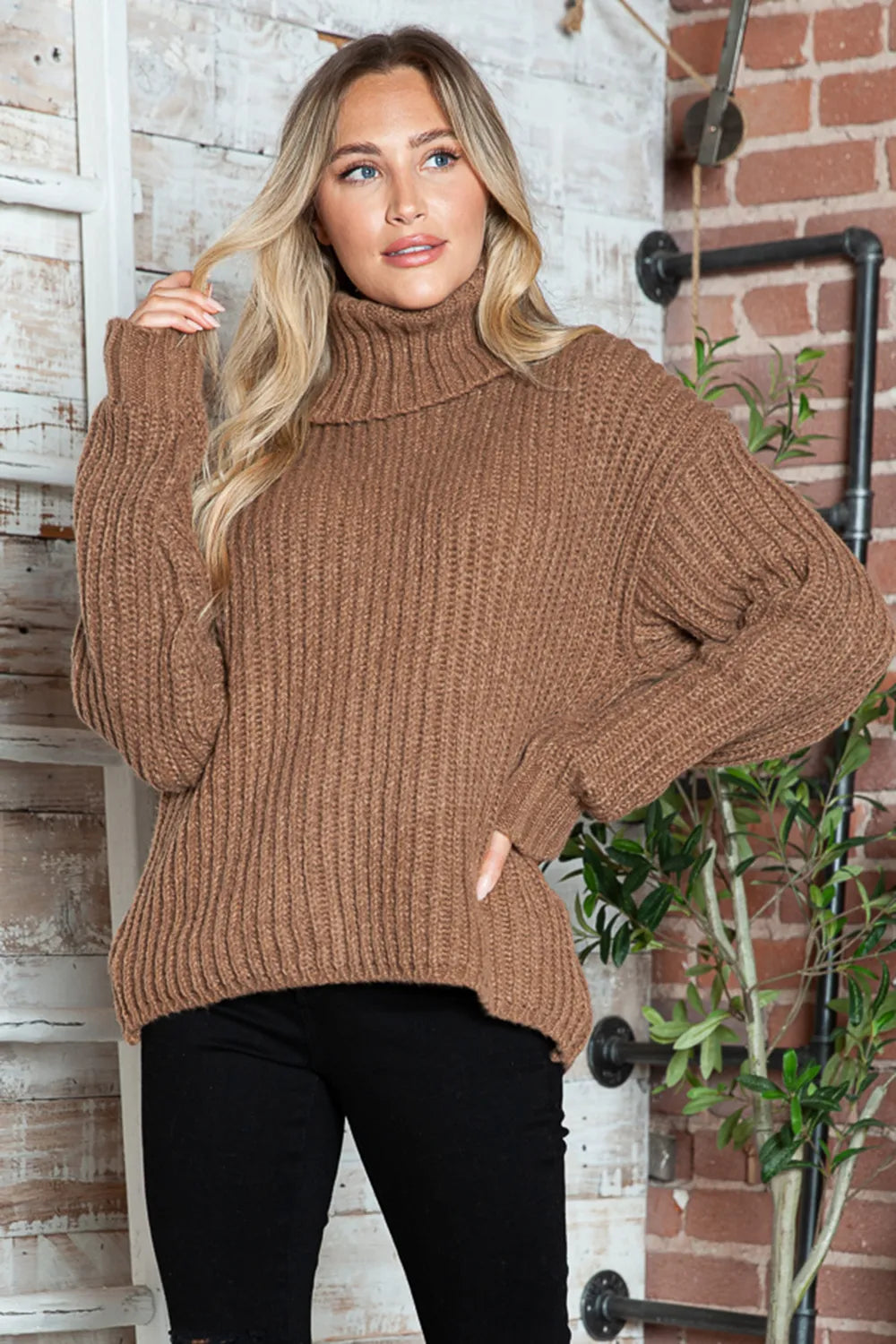 Turtleneck Dropped Shoulder Pullover Sweater - Fashorio
