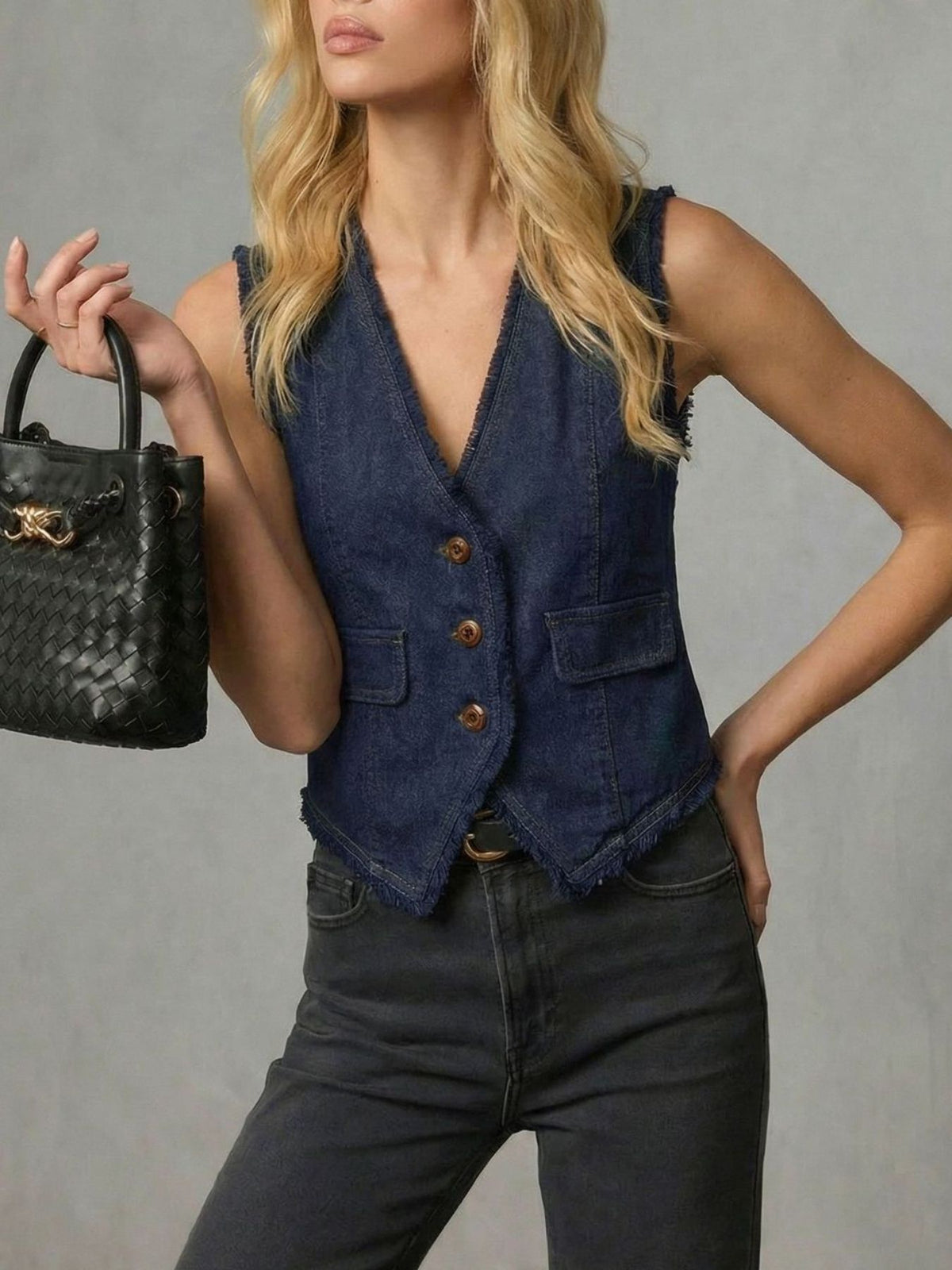 Frayed Hem Denim Vest in Dark Navy