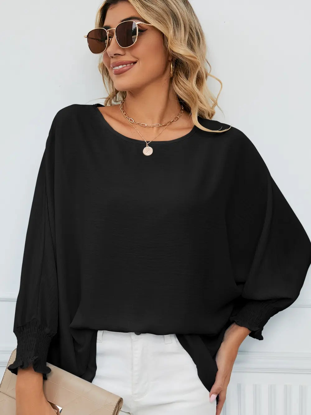 Smocked Lantern Sleeve Round Neck Blouse - Fashorio