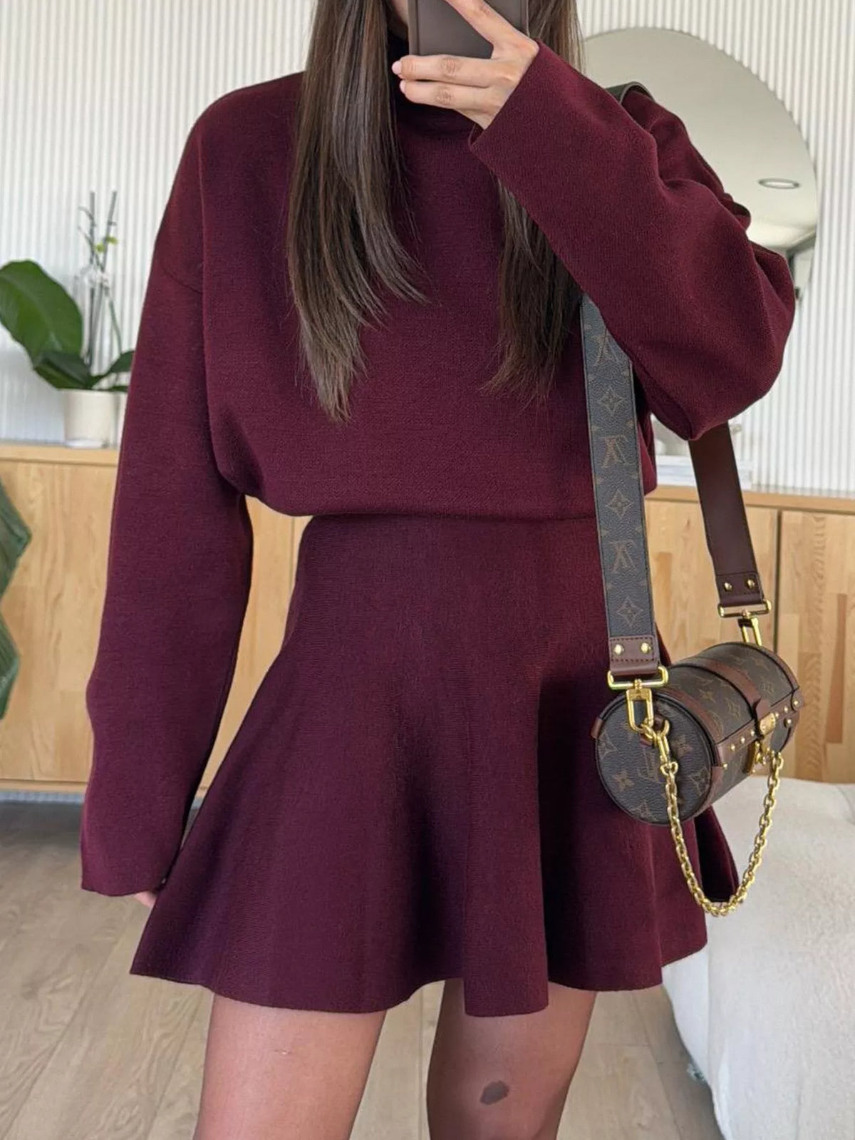 turtleneck sweater and knit skirt matching set front view