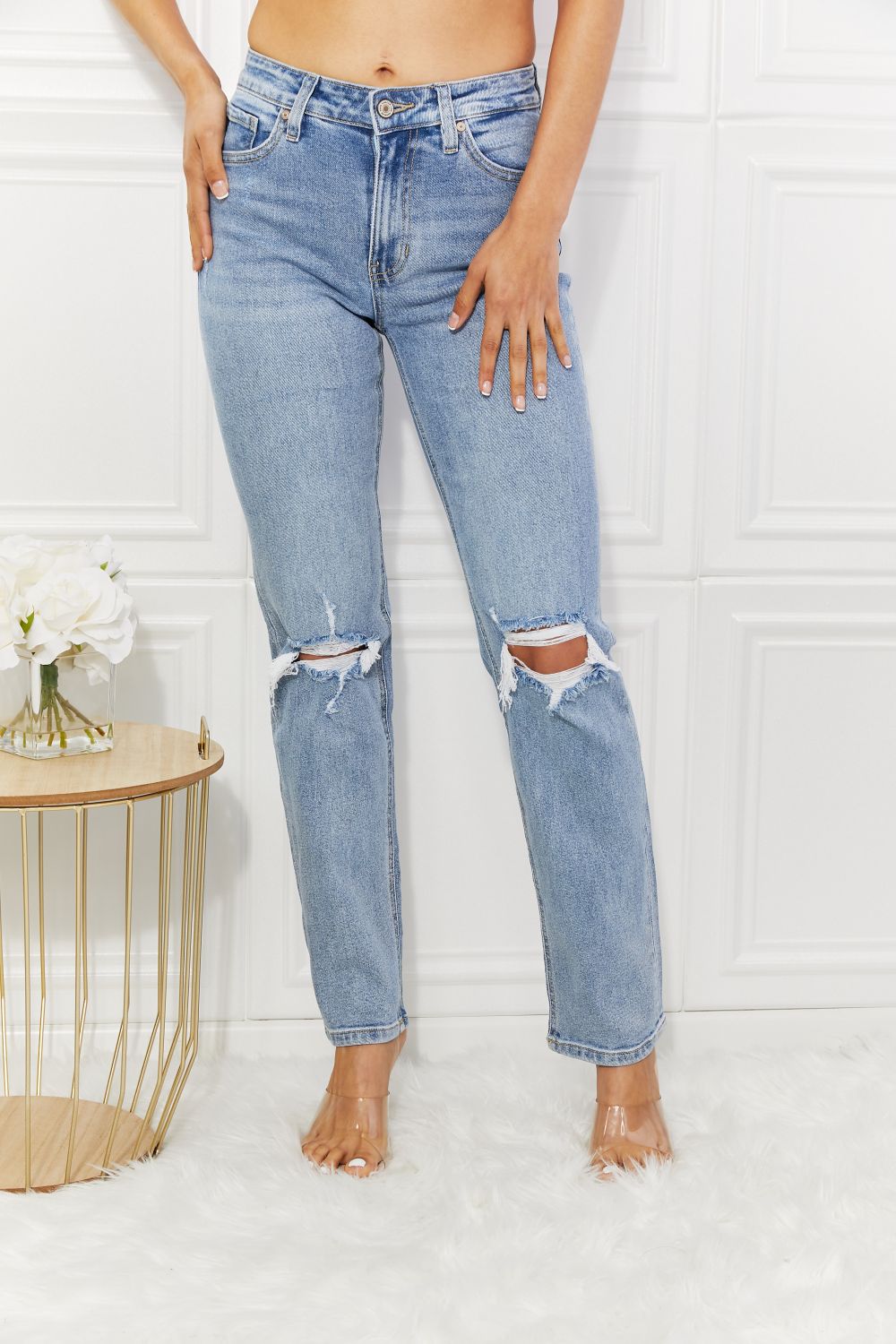 Kancan High Rise Distressed Slim Straight Jeans – Light Wash Denim - Fashorio