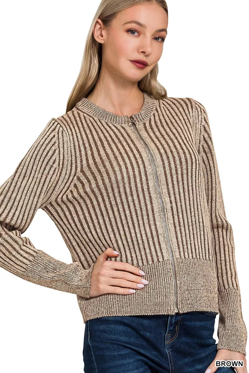 Ribbed Two Tone Zip Up Cardigan in Brown