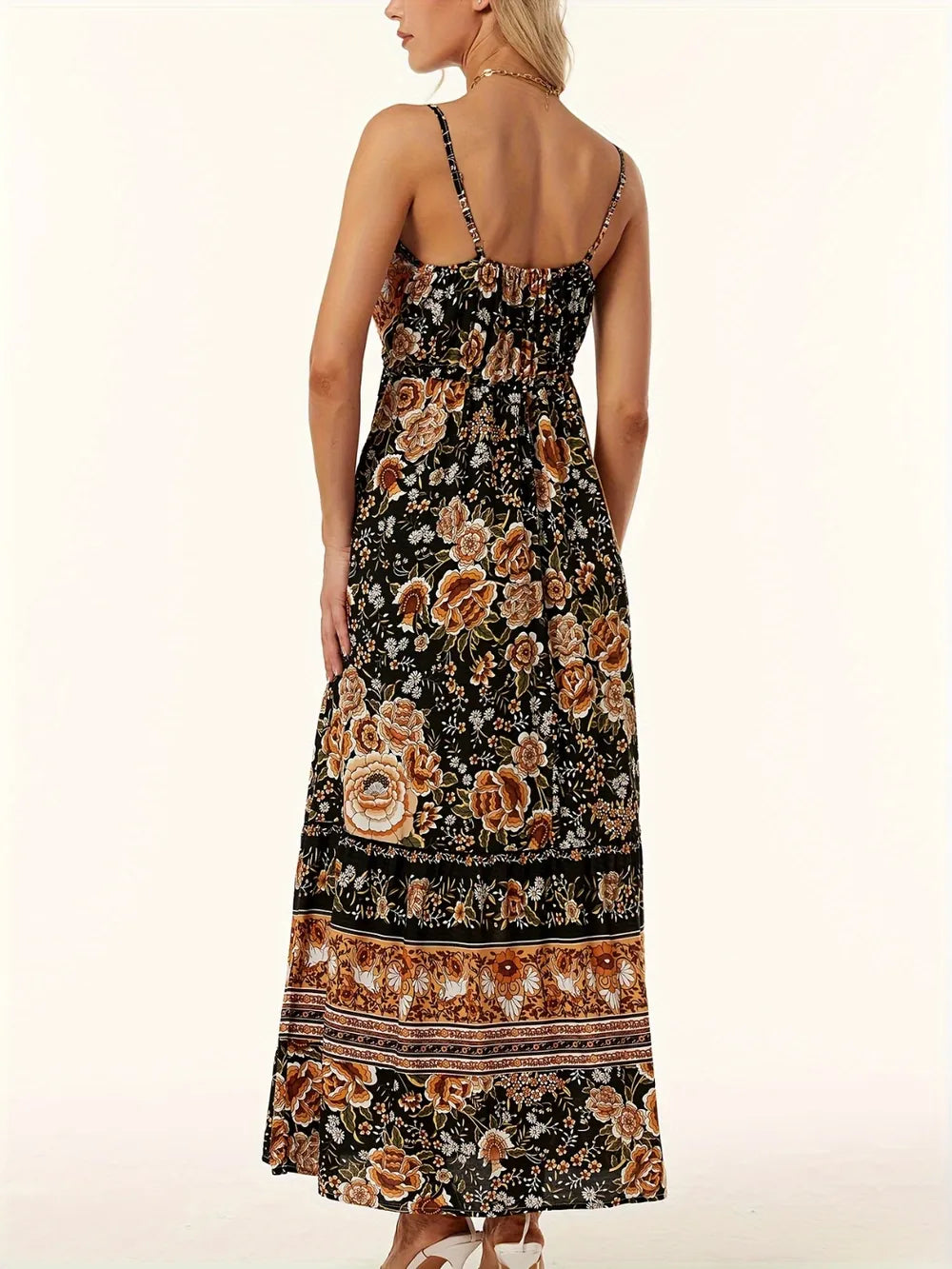 Printed scoop neck dress styled outfit