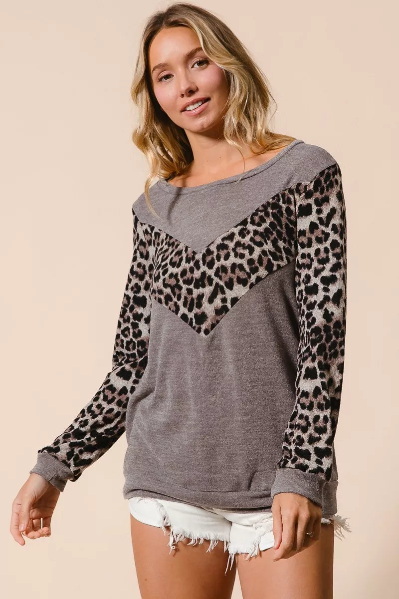 Leopard Color Block Sweater Knit Top in Mocha side view