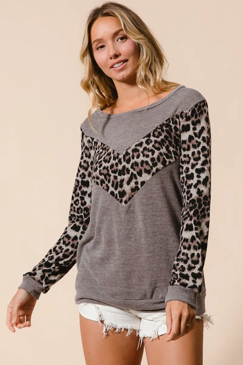 BiBi Sweater Knit Top With Leopard V Shape Block - Fashorio