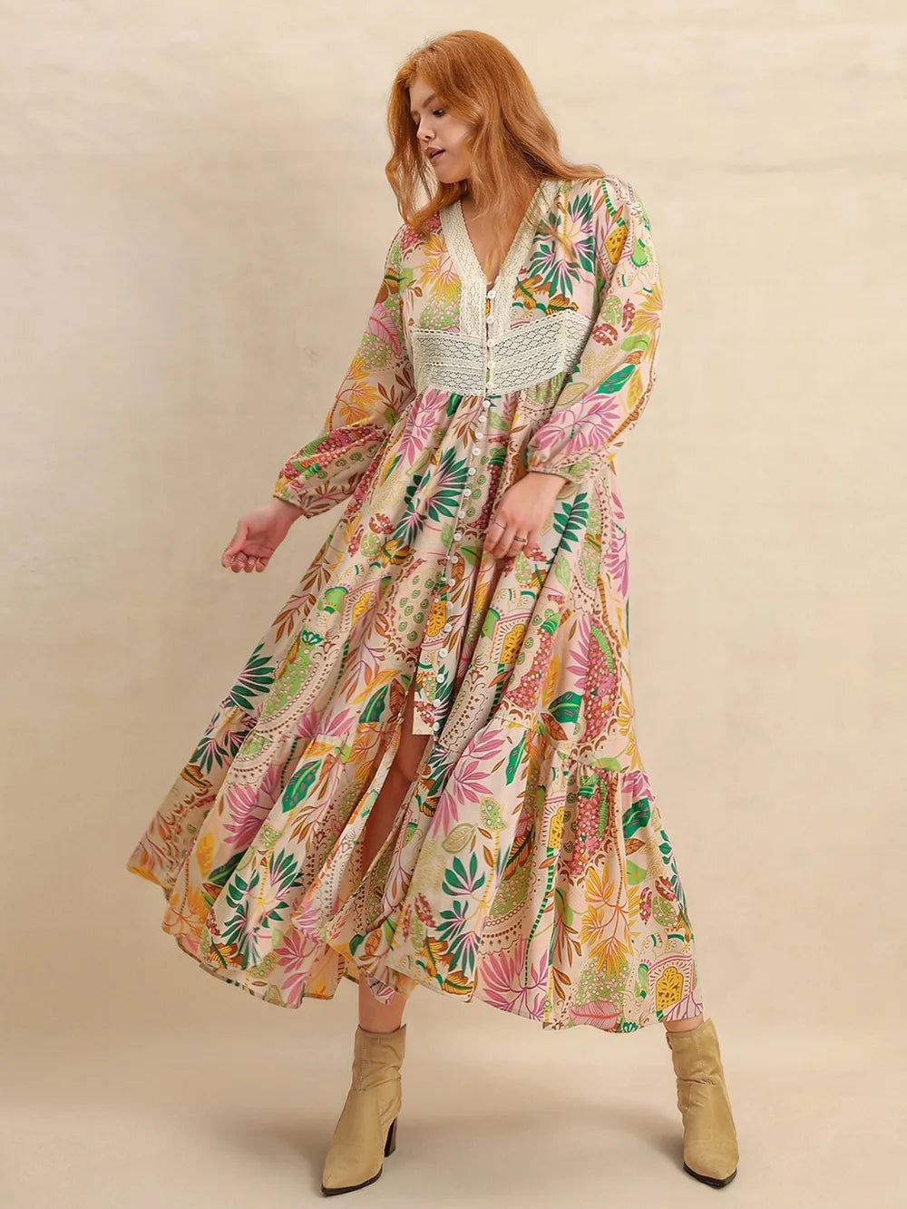 apricot lace printed balloon sleeve plus size maxi dress neckline detail