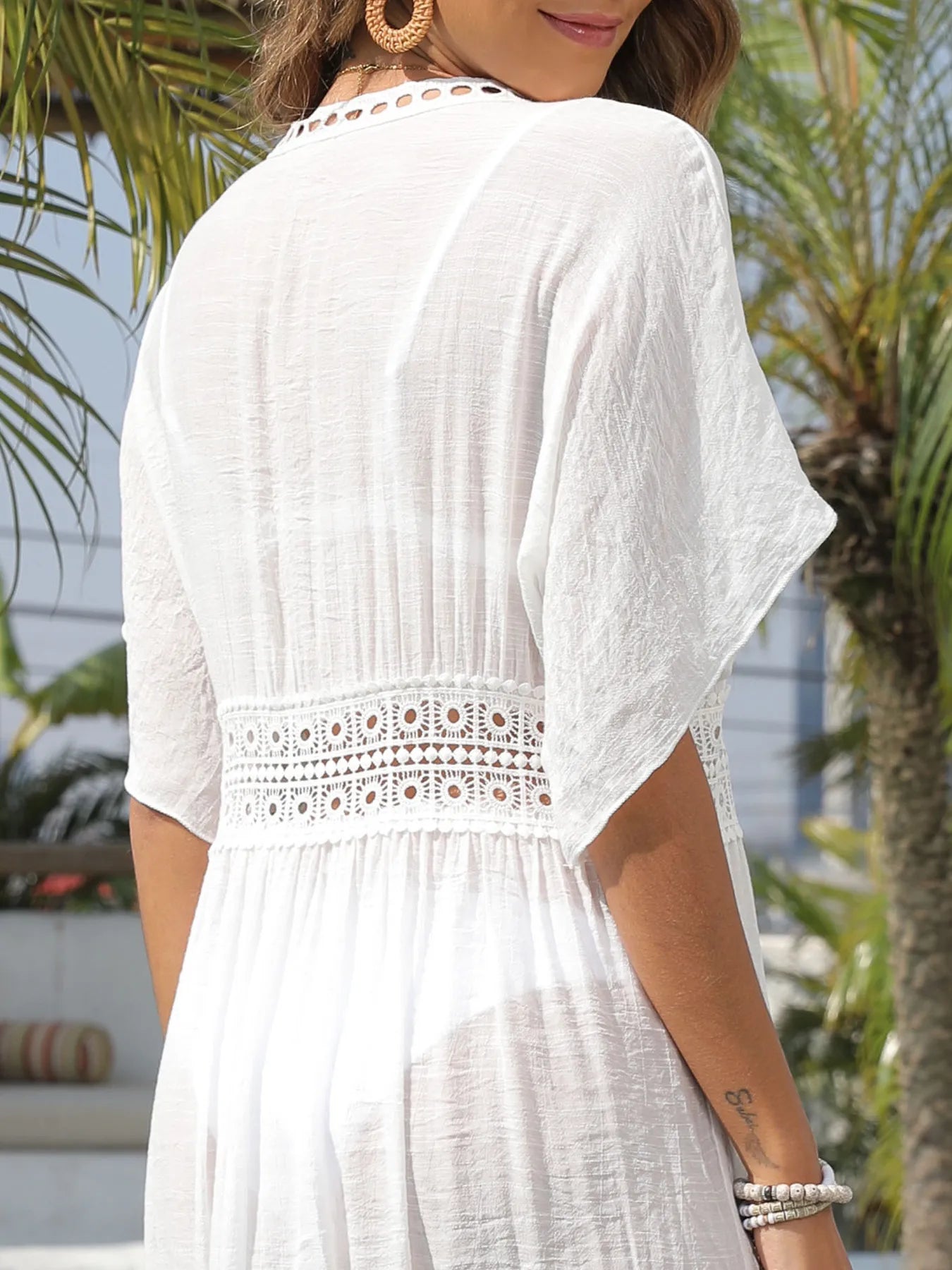 Lace Trim Plunging Beach Cover Up Maxi Dress - Fashorio