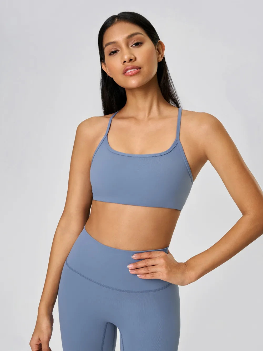 Millennia Crisscross Back Scoop Neck Active Cami with Detachable Chest Pads Dusty Blue - Fashorio