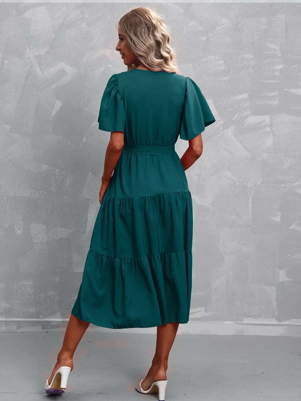 Flutter sleeve tiered midi dress styled outfit view