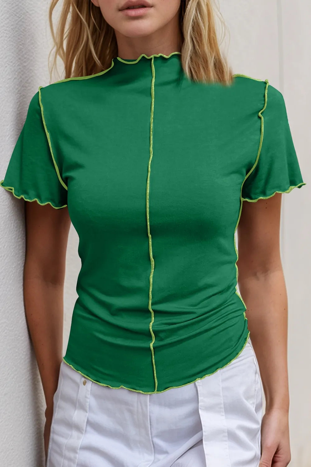 Mock neck short sleeve top contrast trim detail