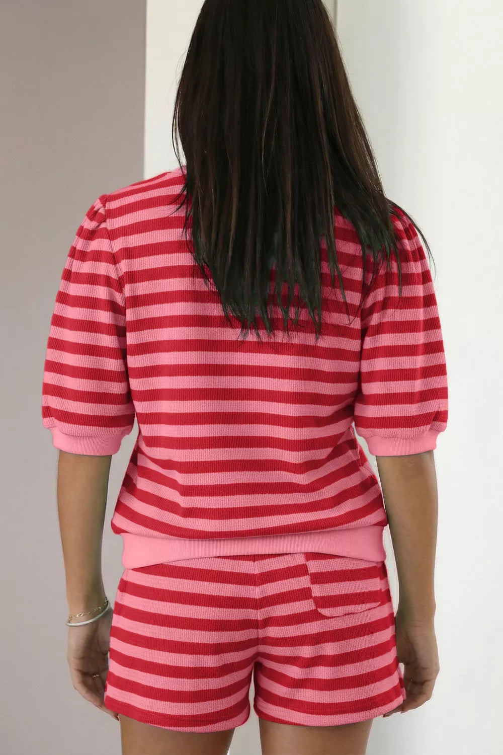 Pink striped top and drawstring shorts coordinated set