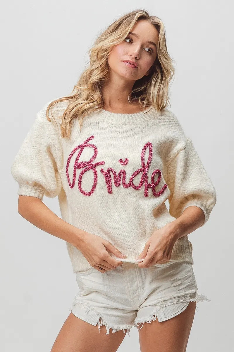 Metallic Letter Fuzzy Puff Sleeve Top in Ivory