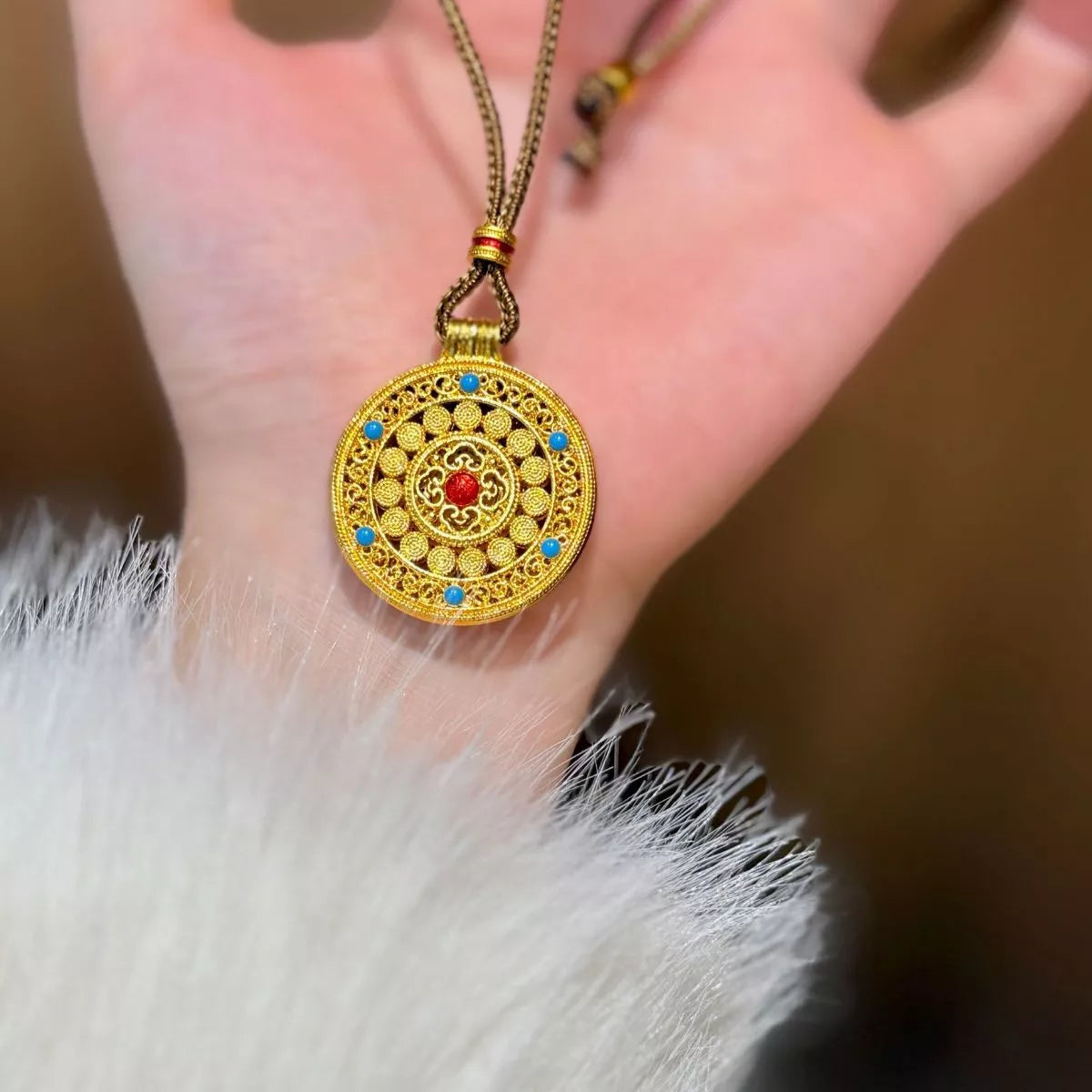 Gold plated round pendant necklace styling view