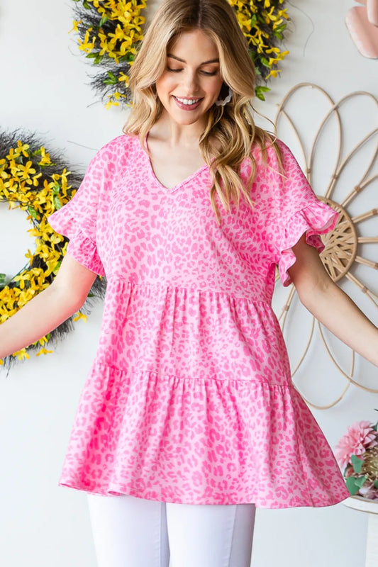 Heimish Full Size Leopard Ruffle Trim Short Sleeve Top PINK - Fashorio