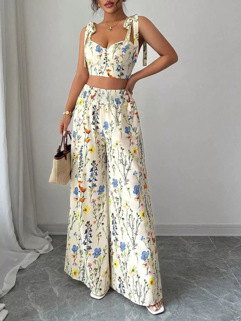 Floral tie shoulder crop top and wide leg pants set front view