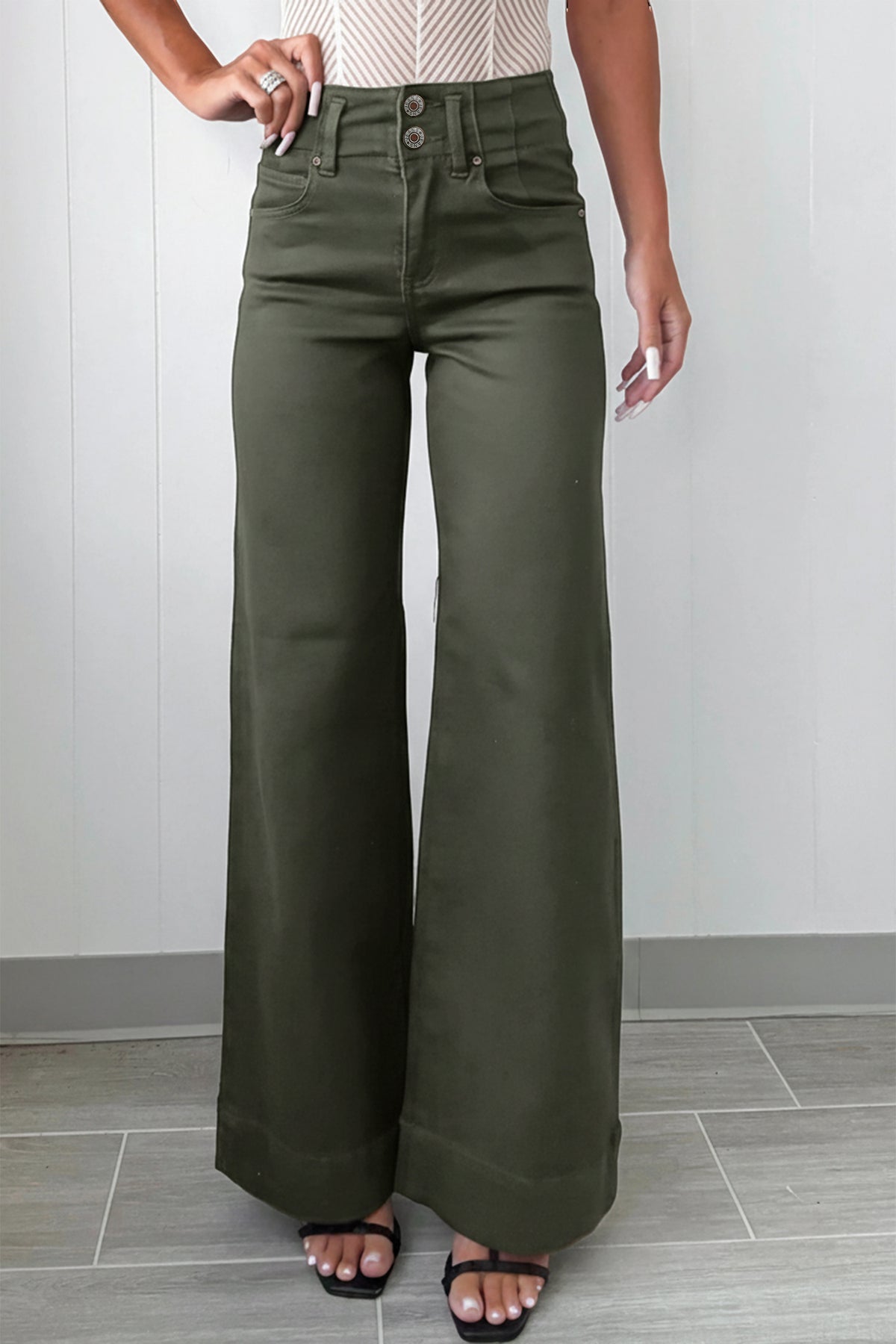 Wide leg jeans styled outfit full length view