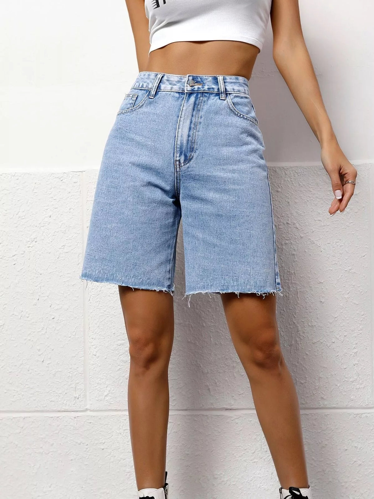 Blue high waist denim shorts front view