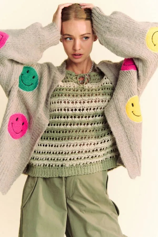 Davi & Dani Fuzzy Smile Open Front Long Sleeve Cardigan Gray - Fashorio