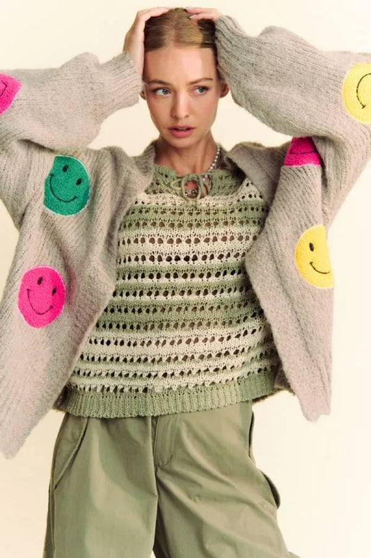 Davi & Dani Fuzzy Smile Open Front Long Sleeve Cardigan Gray - Fashorio