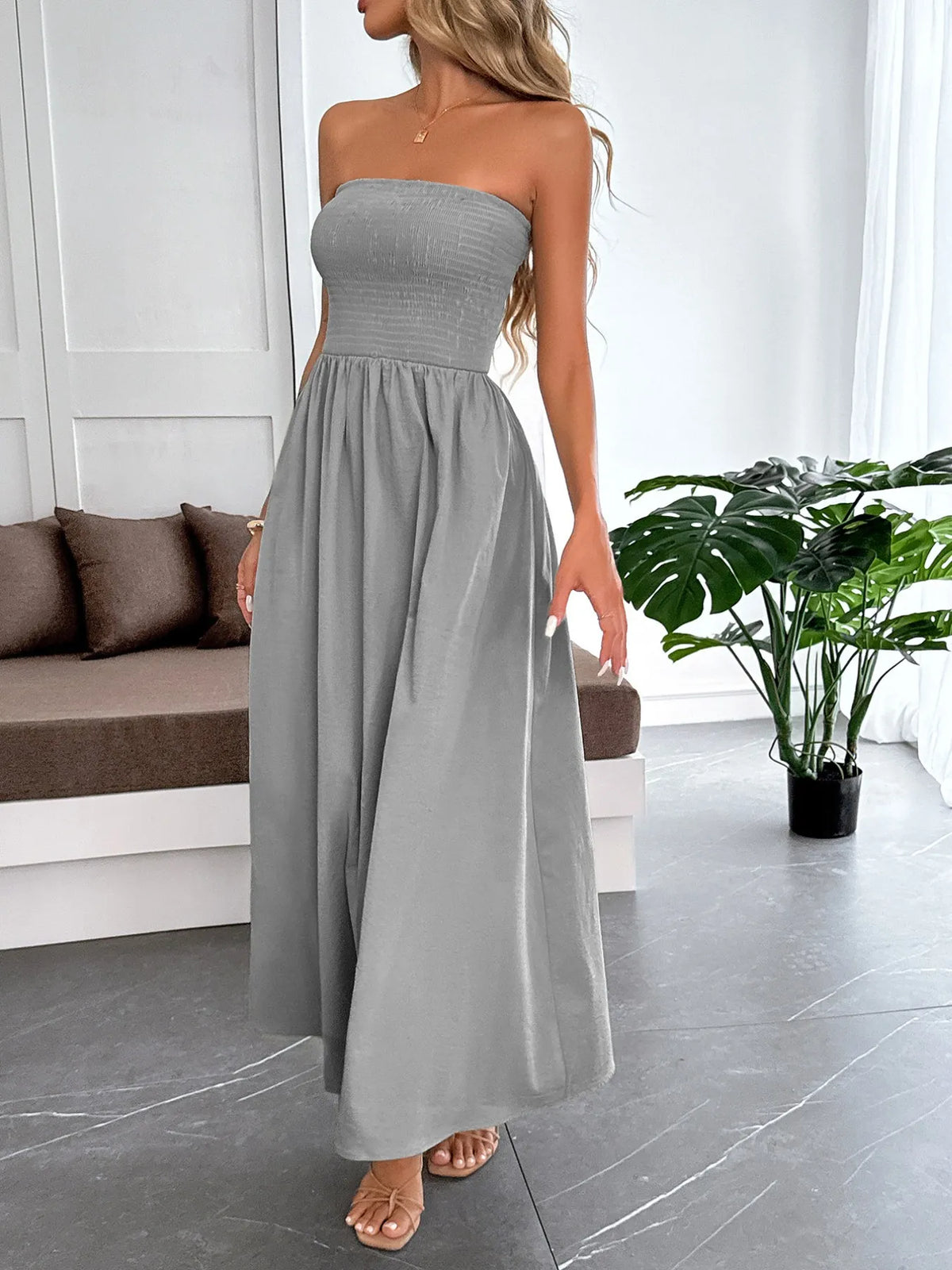 smocked tube maxi dress skirt and hem detail