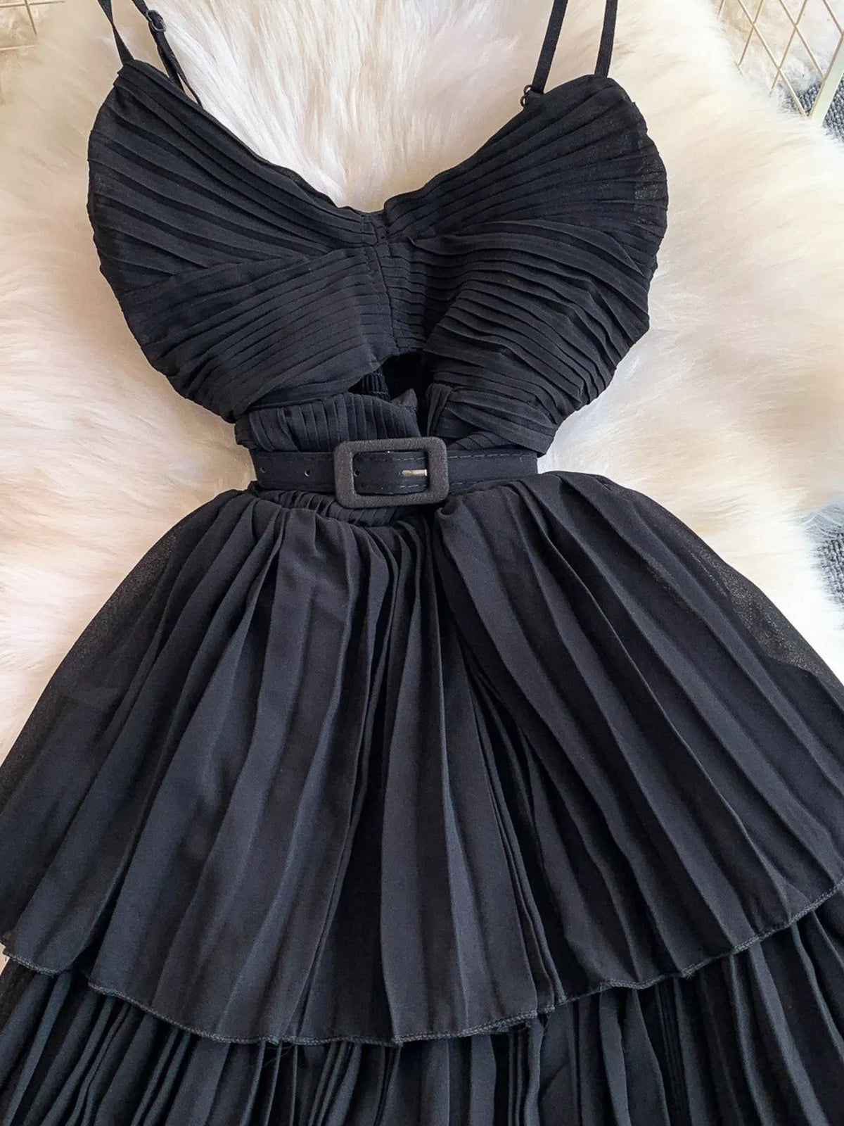 Pleated layered spaghetti strap midi dress styled look