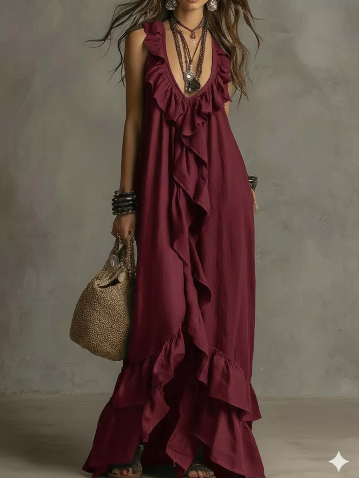 Ruffled sleeveless maxi dress back view
