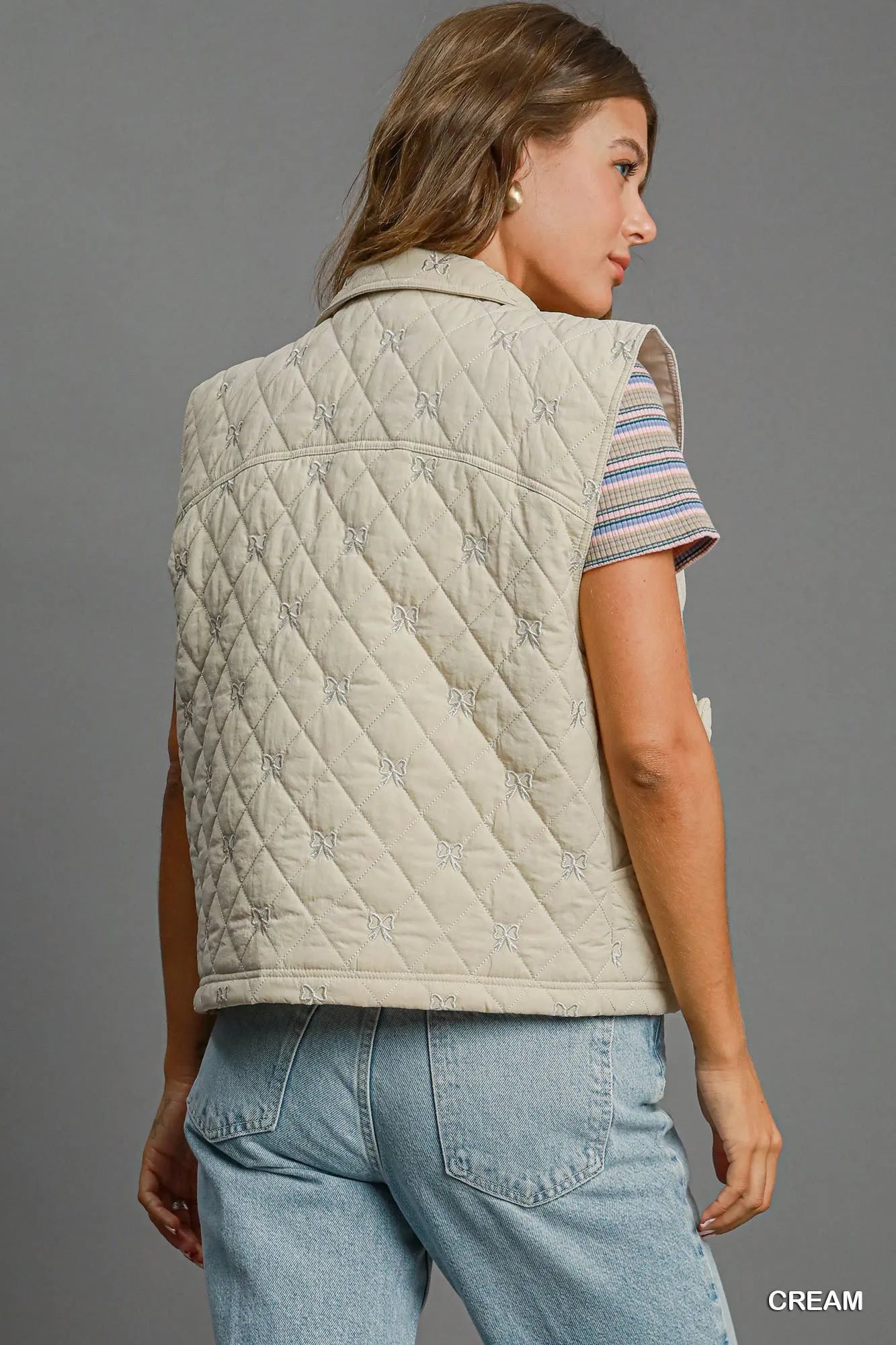 Umgee Sleeveless Quilted Vest with Bow Details - Fashorio