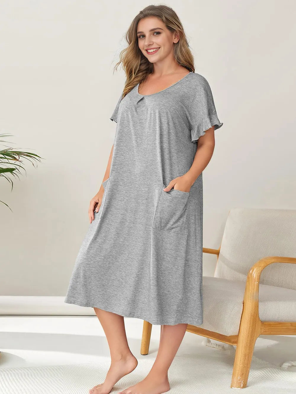 Plus Size Round Neck Short Sleeve Lounge Dress - Fashorio