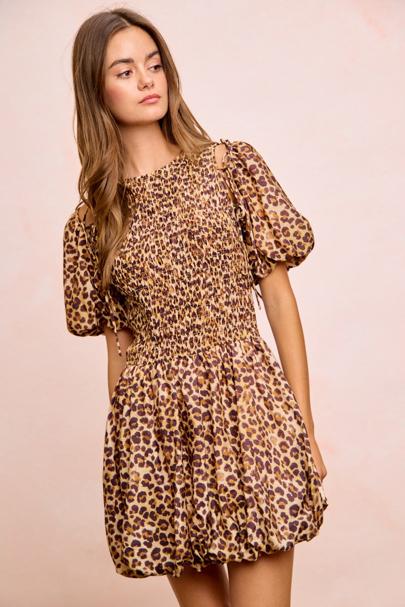 Leopard Bow Tie Attachable Puff Sleeves Dress view 10
