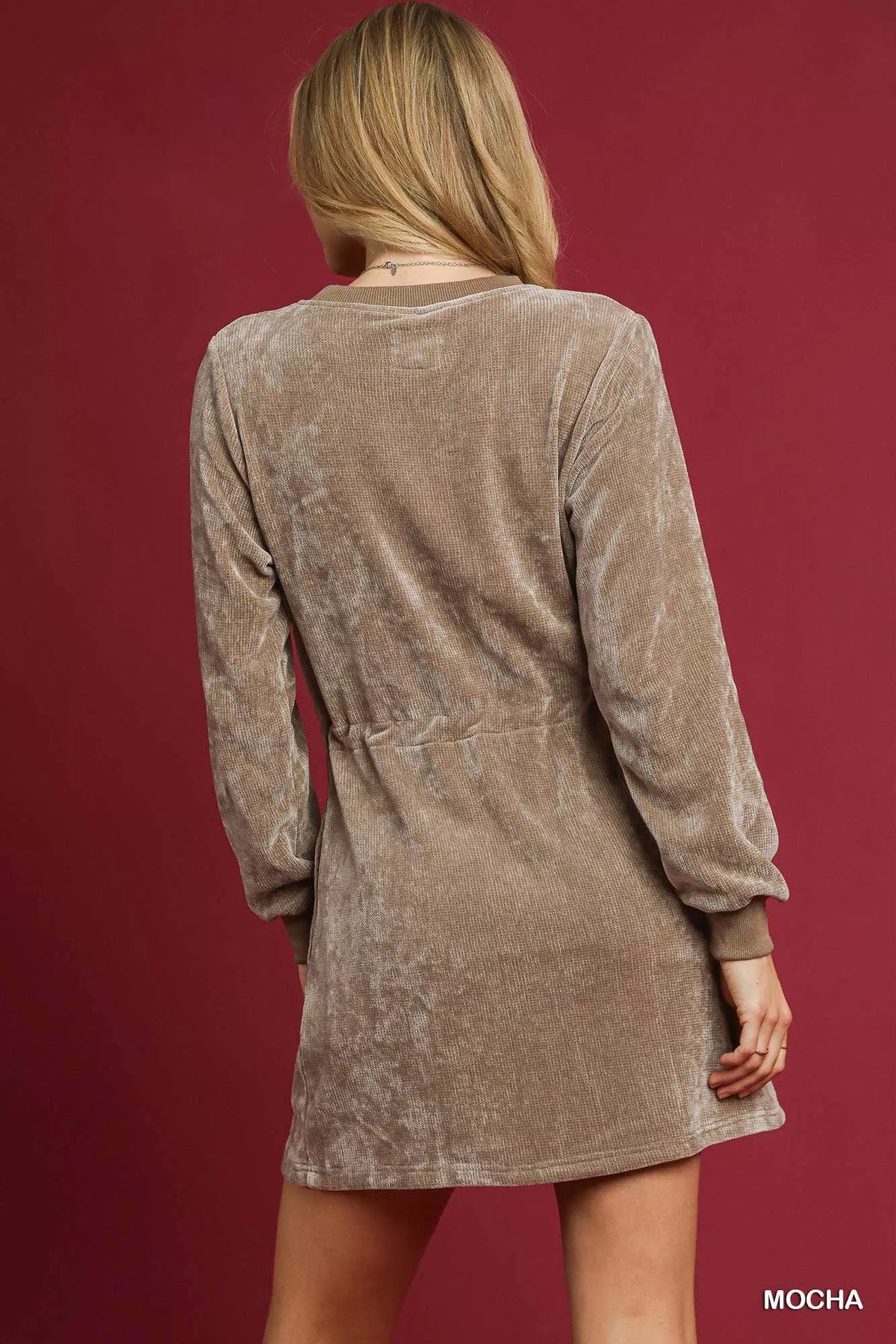 Velour Drawstring Mini Dress with Long Sleeves detail