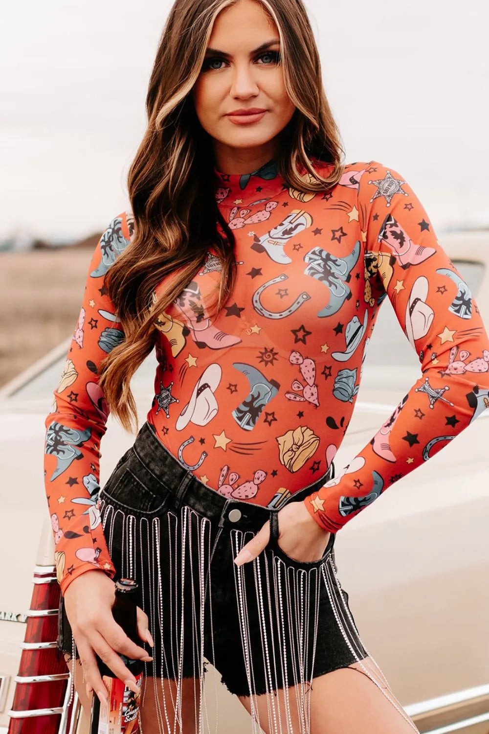 Printed Mock Neck Long Sleeve Bodysuit - Fashorio