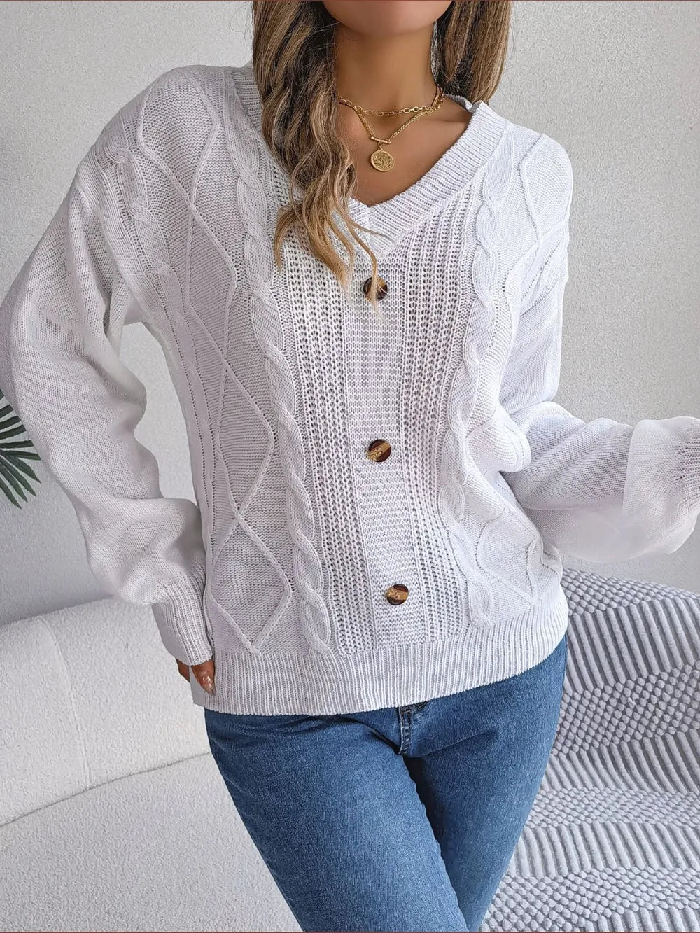 Cable-Knit Buttoned V-Neck Sweater - Fashorio